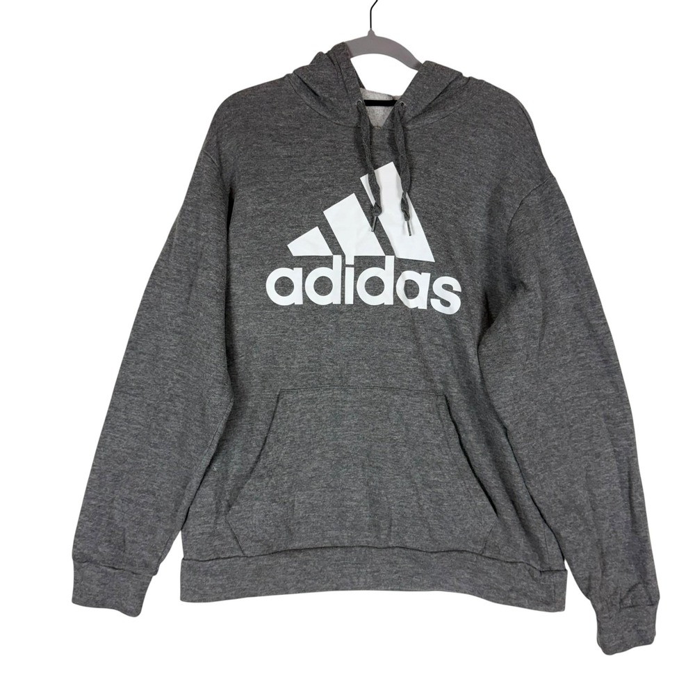 Adidas‎ Hoodie Mens Large Gray Pullover Fleece Big Logo Kangaroo Pocket Athletic